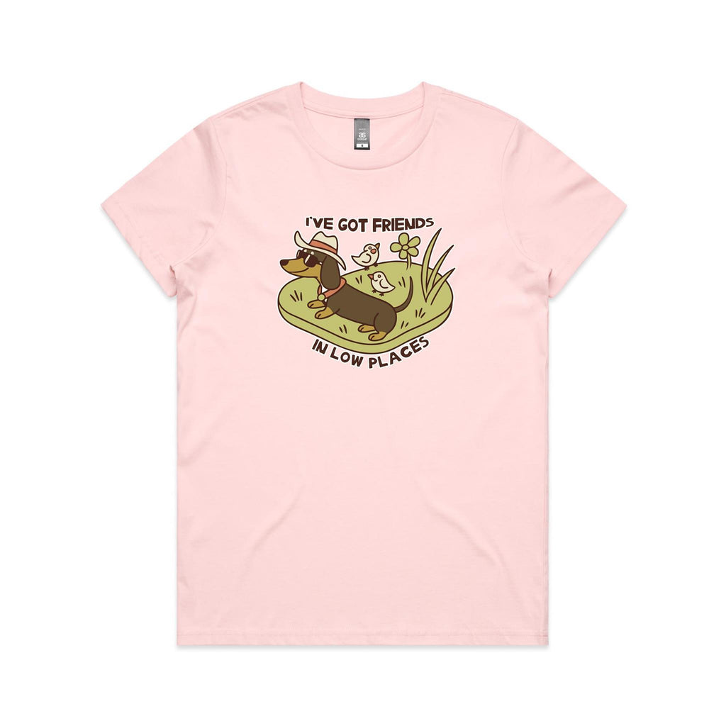 Dachshund, I've Got Friends In Low Places Women's AS Colour T-shirt Pink Womens T-shirt animal Printed In Australia