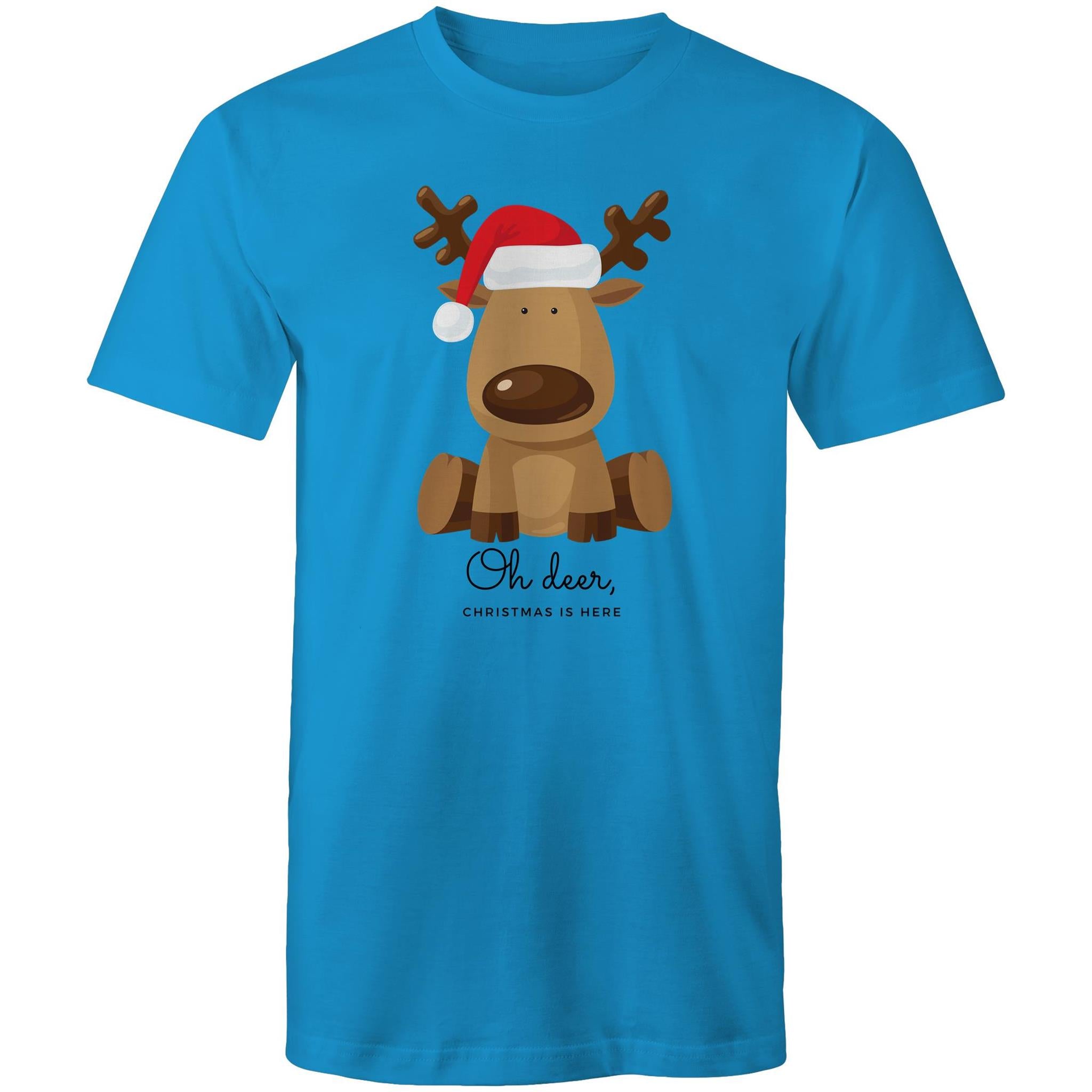 Oh Deer, Christmas Is Here, Reindeer - Mens T-Shirt Arctic Blue Mens Christmas T-shirt Christmas Printed In Australia