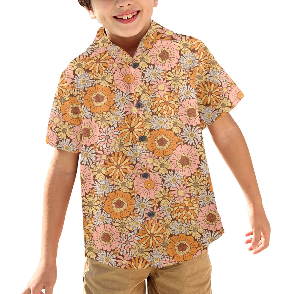 Orange Retro Floral Junior Kids Hawaiian Shirt