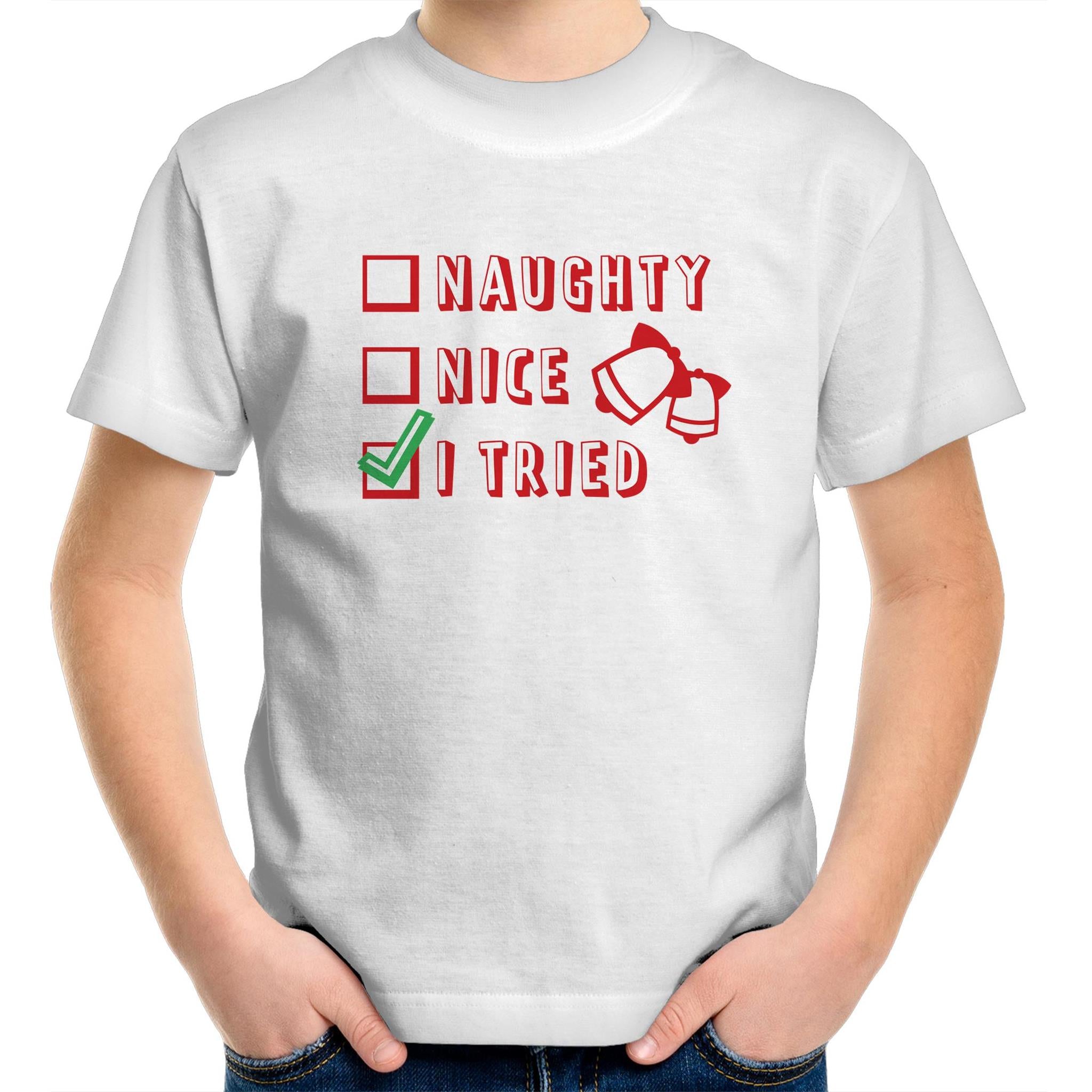 Naughty, Nice, I Tried, Santa's Christmas List - Kids Youth T-Shirt White Kids Christmas T-shirt Christmas Printed In Australia
