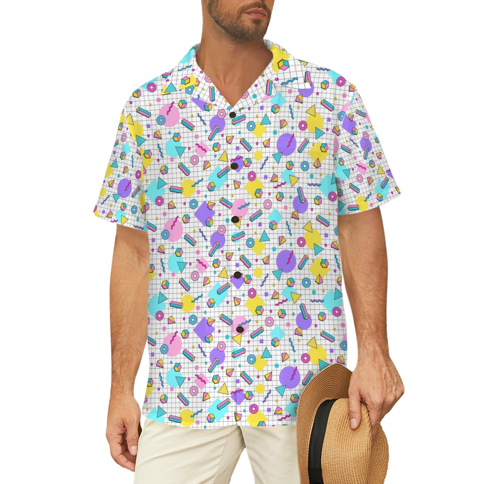 80's Grid - Men's Short Sleeve Hawaiian Shirt Men's Hawaiian Shirt (New) Printed Offshore Retro