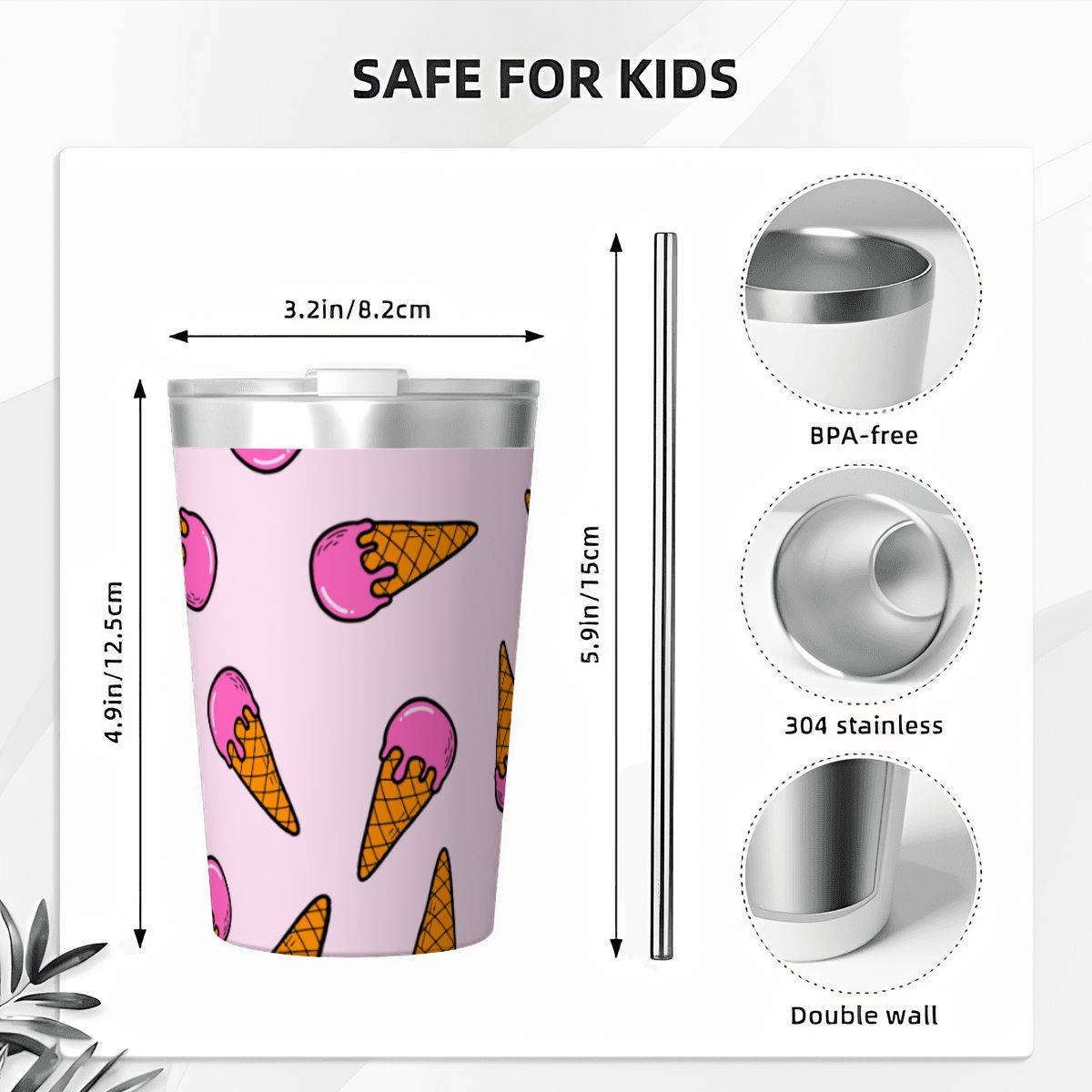 Pink Ice Cream Cones Small Stainless Steel Travel Mug Cup 12oz/350ml