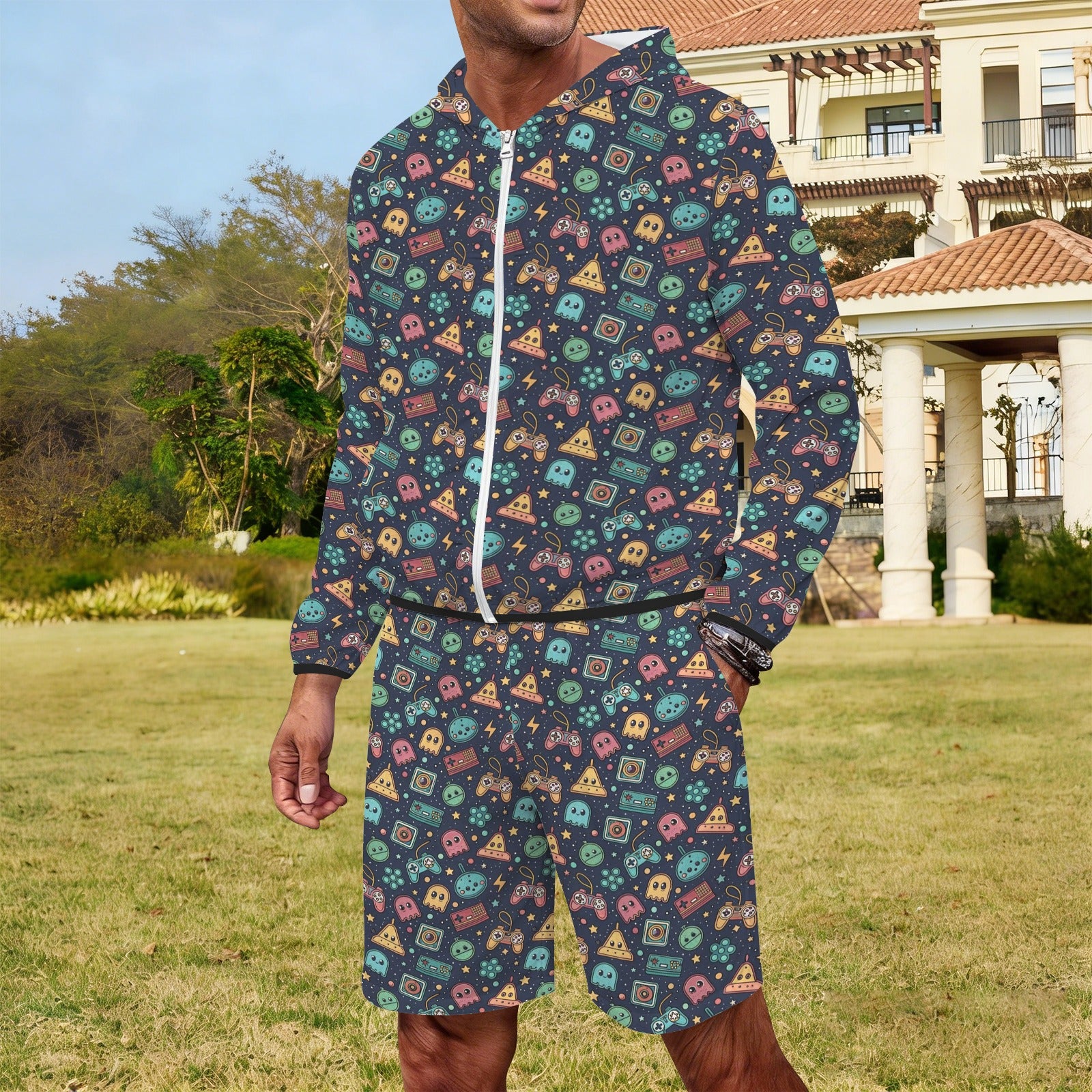 Video Game Men's Lightweight Sun Hoodie & Shorts Set Men's Lightweight Sun Hoodie & Shorts Games Printed Offshore Retro