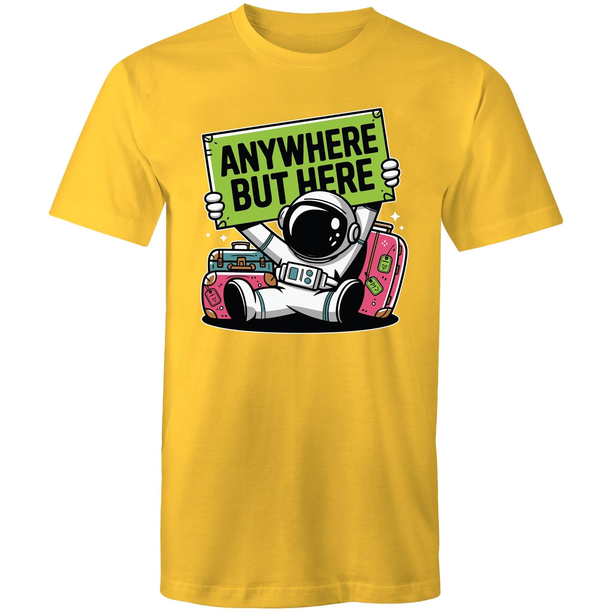 Astronaut, Anywhere But Here - Mens T-Shirt Yellow Mens T-shirt Printed In Australia Space
