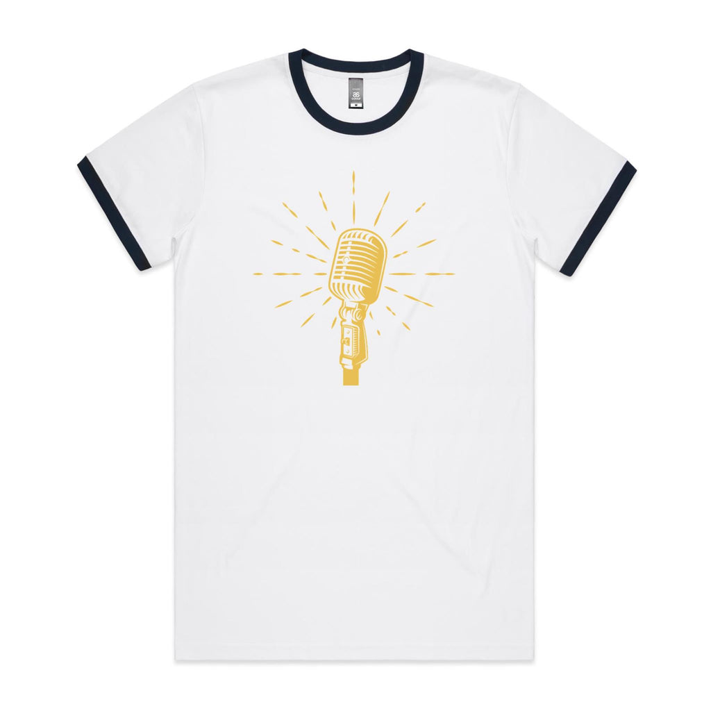 Retro Microphone - Staple Ringer Tee White Navy Ringer T-Shirt Music Printed In Australia Retro