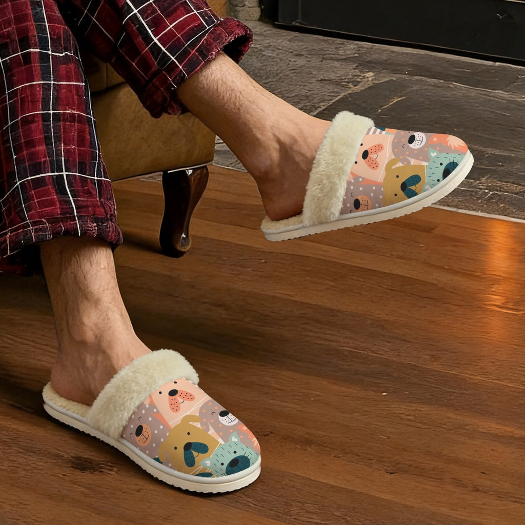 Lots Of Dogs Men's Fur Trim Thick-Sole Indoor Slippers Men's Fur Trimmed Slippers animal Printed Offshore