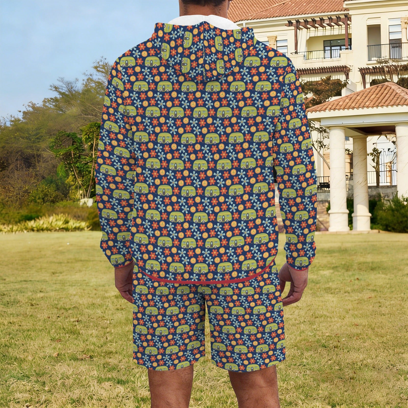 Hippie Caravan Men's Lightweight Sun Hoodie & Shorts Set Men's Lightweight Sun Hoodie & Shorts Printed Offshore Retro