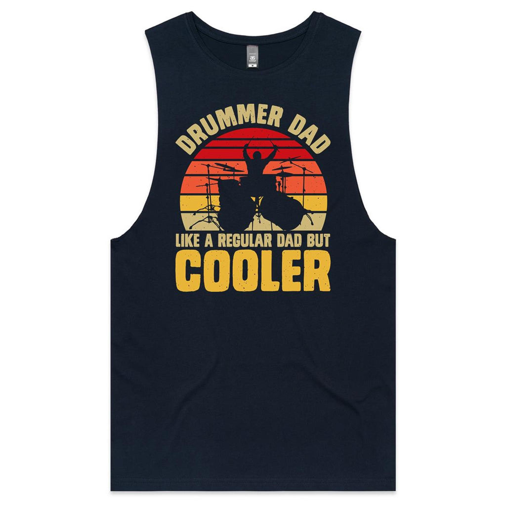 Drummer Dad, Like A Regular Dad But Cooler Mens Men's AS Colour Drop Arm Tank Top Navy Drop Arm Tank Top Dad Music Printed In Australia