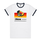 Camera Film, Now We Wait Men's AS Colour Ringer Tee White Navy Ringer T-Shirt Printed In Australia Retro