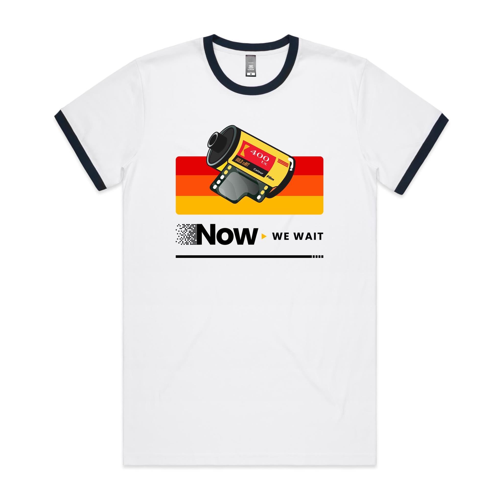 Camera Film, Now We Wait Men's AS Colour Ringer Tee White Navy Ringer T-Shirt Printed In Australia Retro