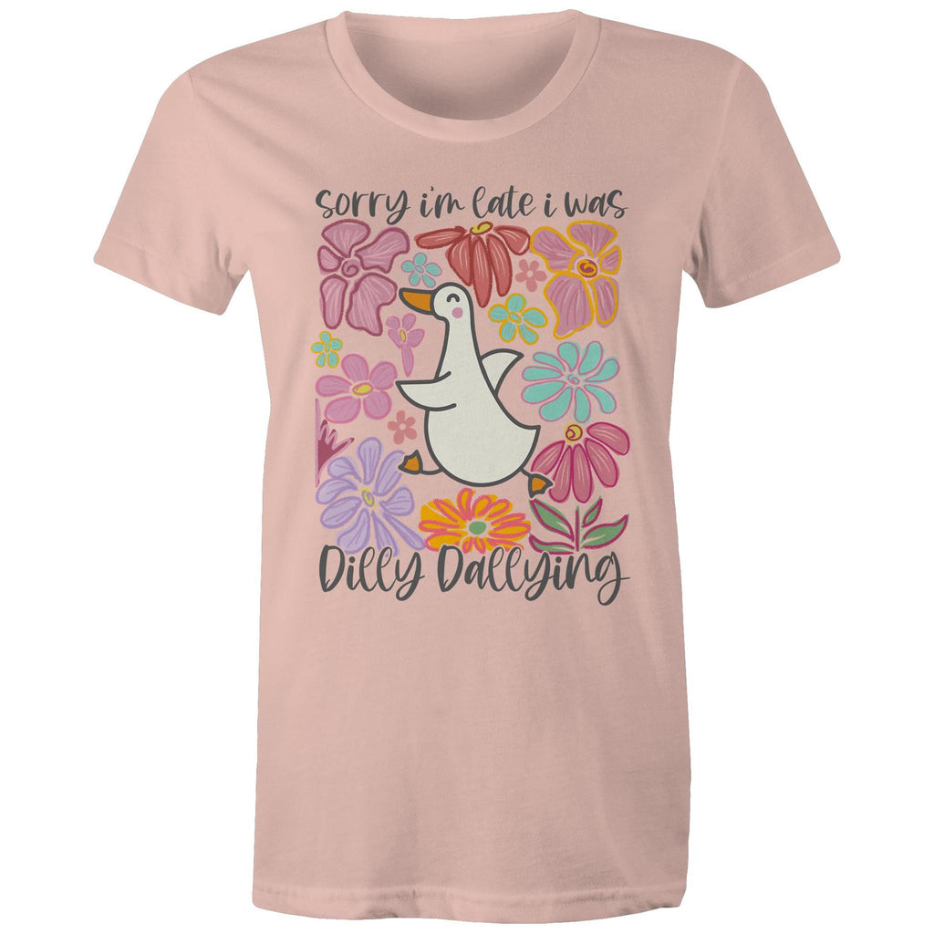 Sorry I'm Late, I Was Dilly Dallying - Womens T-shirt Pale Pink Womens T-shirt animal Printed In Australia
