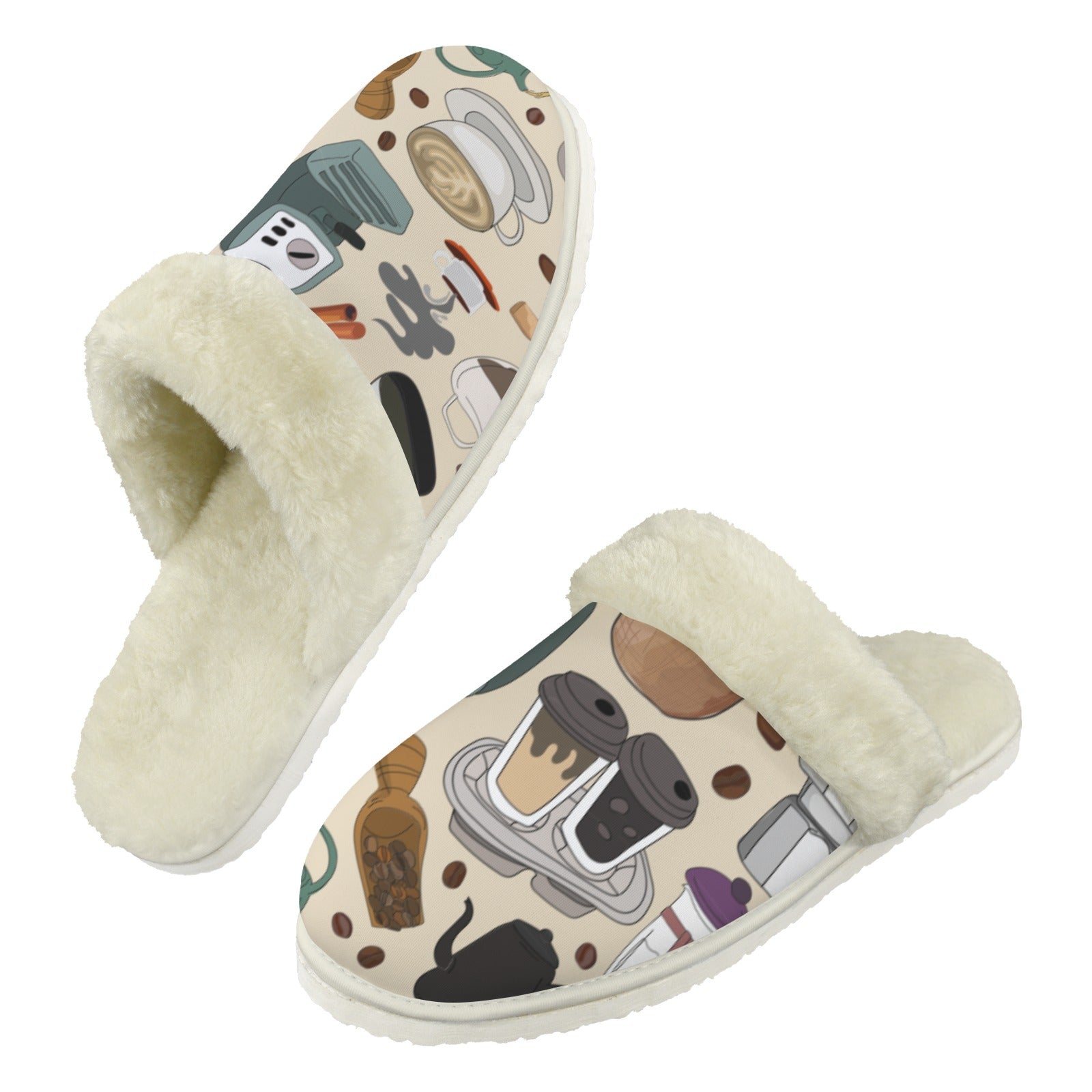 All The Coffee Men's Fur Trim Thick-Sole Indoor Slippers 2XL Men's Fur Trimmed Slippers Coffee Printed Offshore