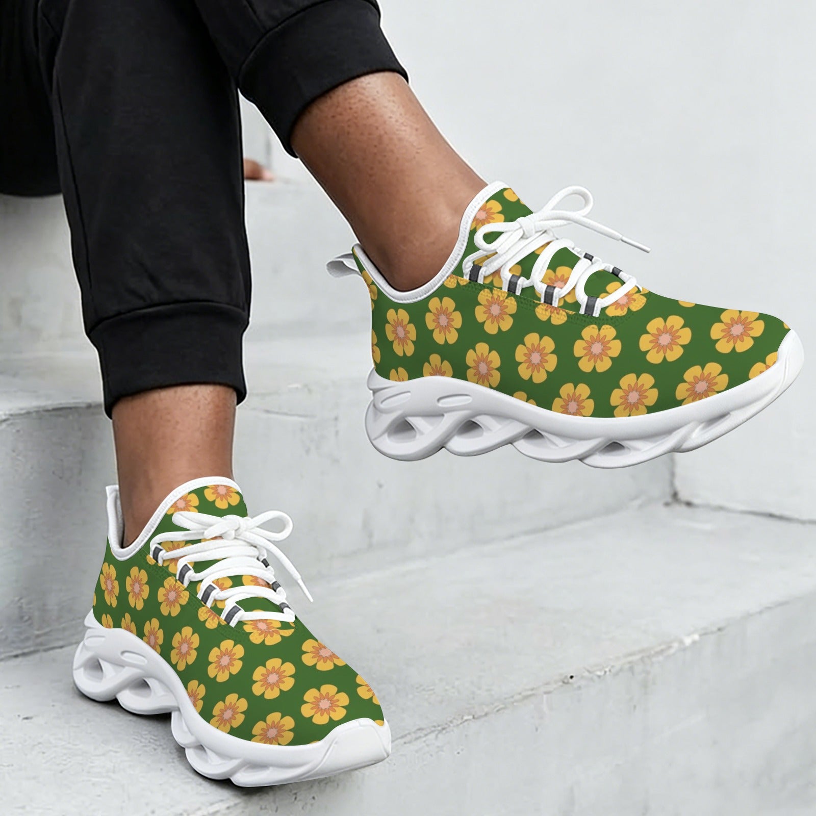 Yellow Flowers On Green Women's Twisted Sole Sneakers