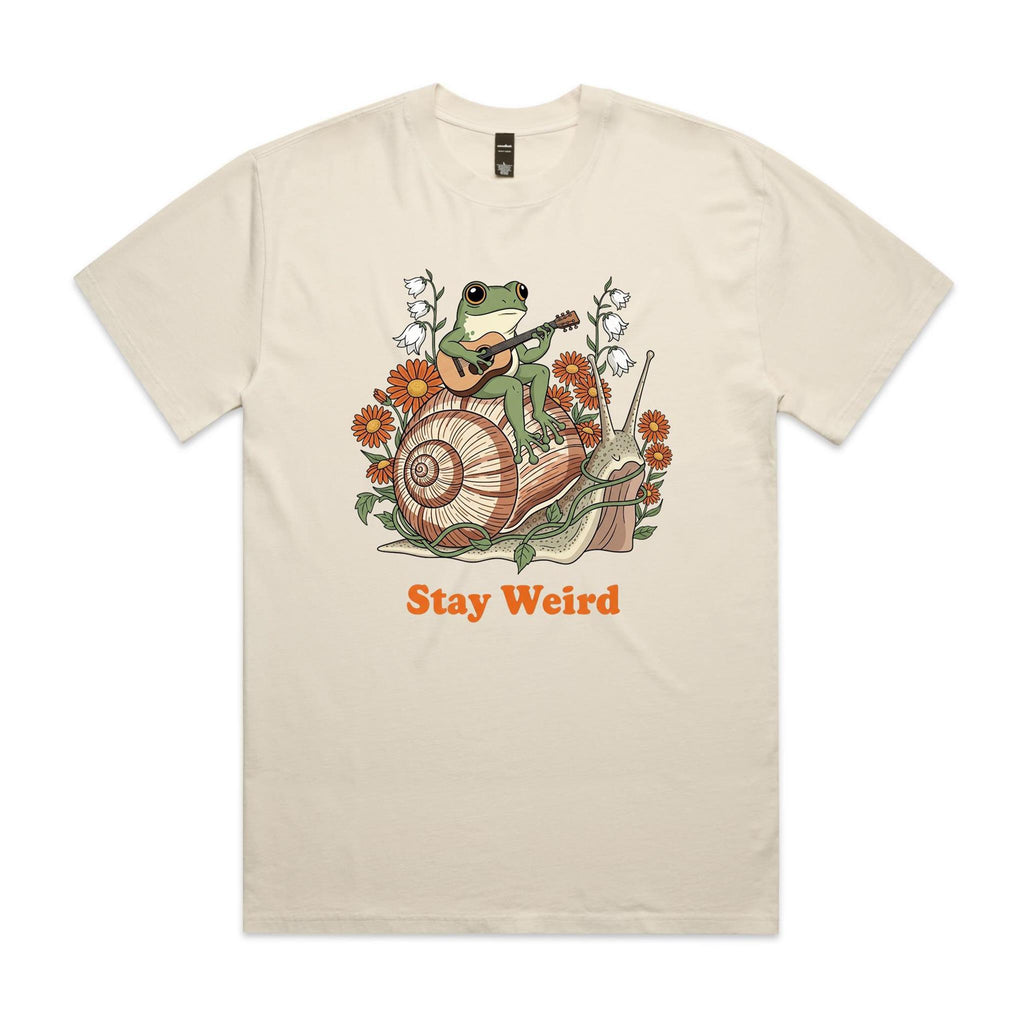 Stay Weird, Guitar Playing Frog On A Snail AS Colour Heavy Faded Tee Unisex Faded ecru Heavy Faded T-shirt animal Music Printed In Australia
