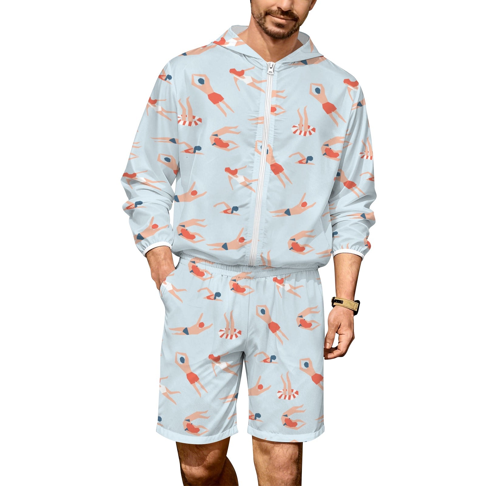 Summer Swim Men's Lightweight Sun Hoodie & Shorts Set 4XL Men's Lightweight Sun Hoodie & Shorts Printed Offshore Summer