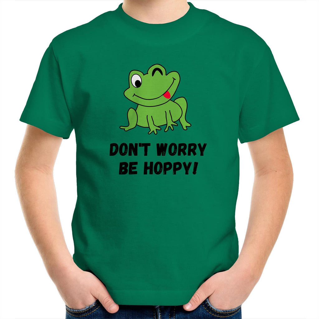 Don't Worry Be Hoppy, Frog - Kids Youth T-Shirt Kelly Green Kids Youth T-shirt animal Printed In Australia