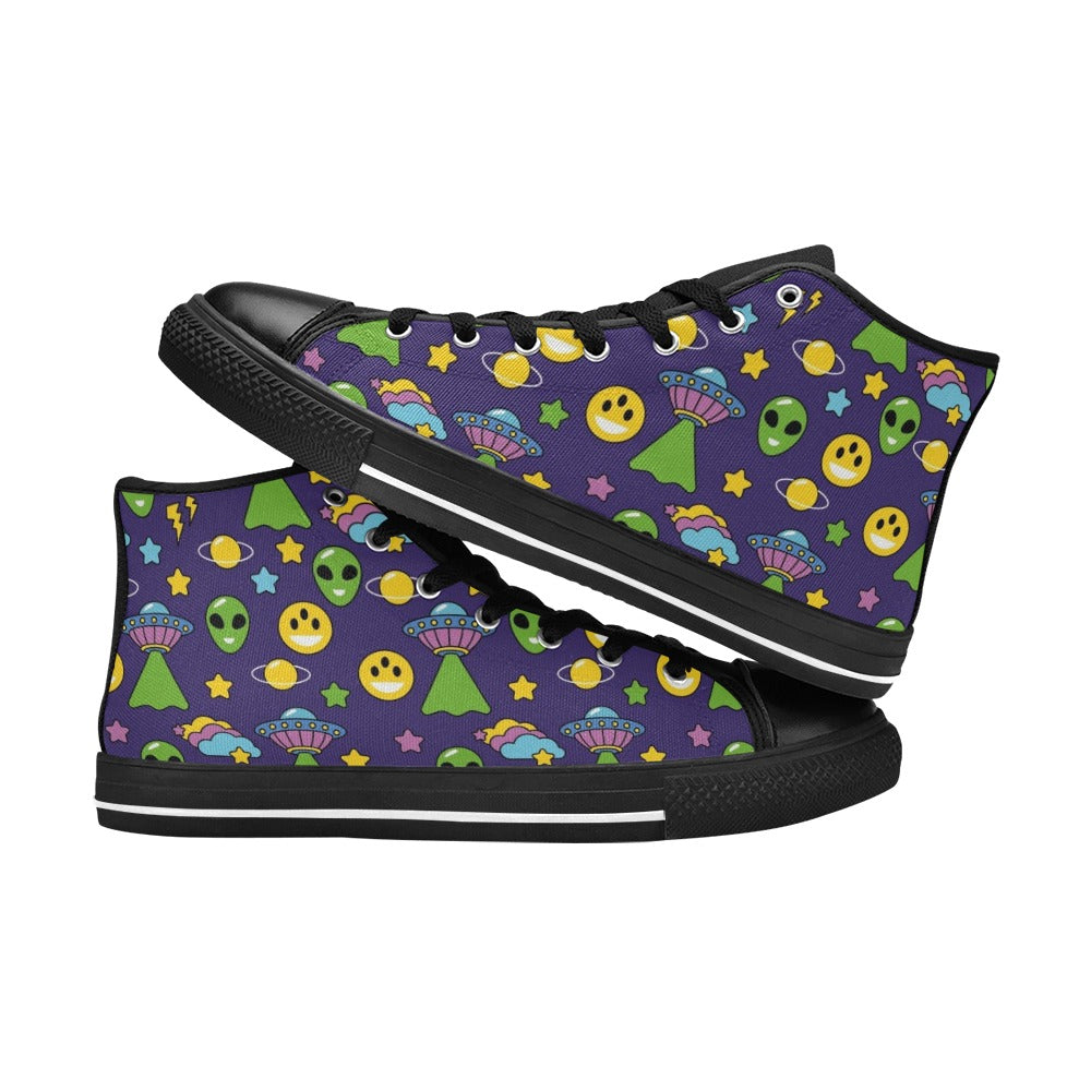 Groovy Alien And UFO Men's High Top Canvas Shoes Men's Classic High Top Canvas Shoes Printed Offshore Retro Sci Fi