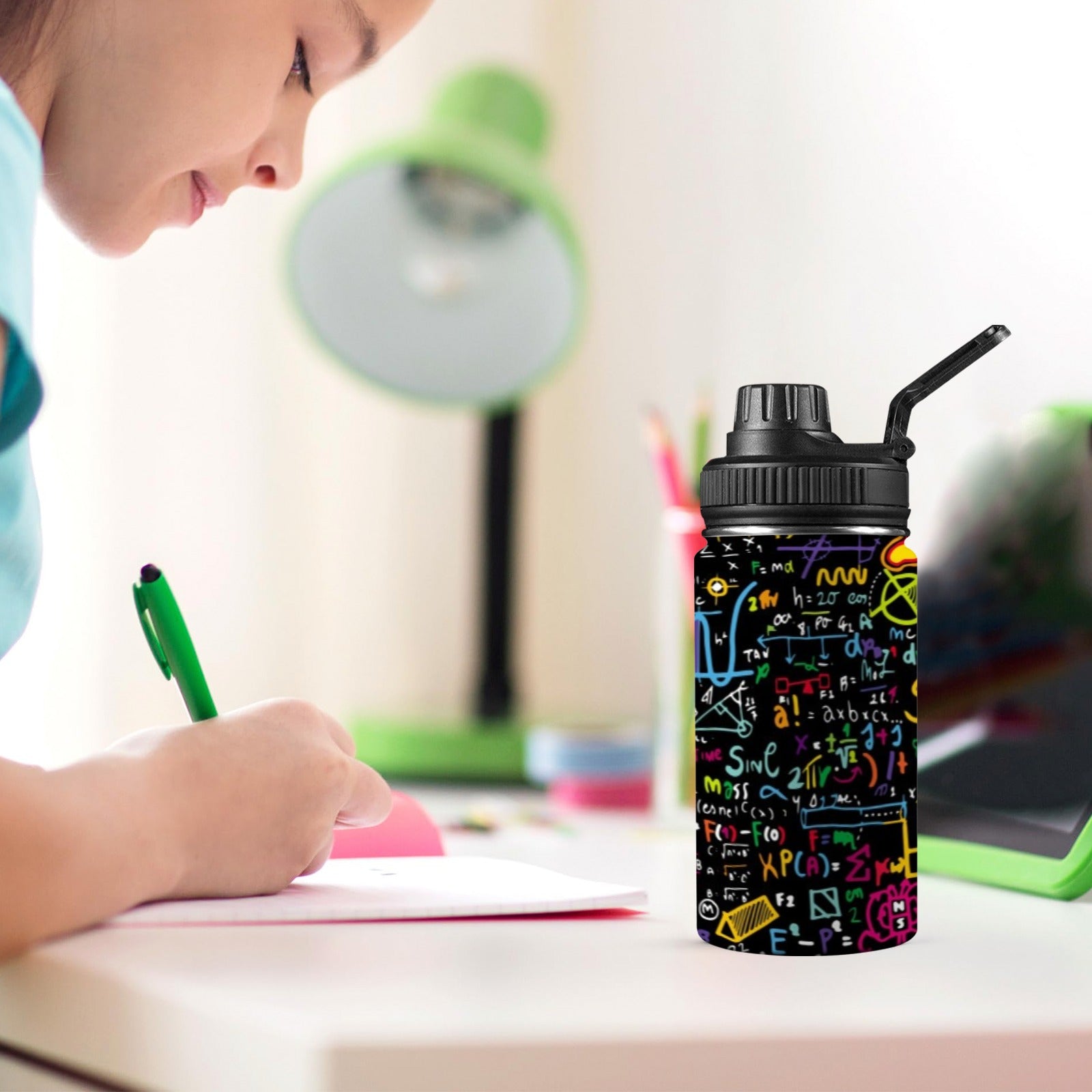 Math Scribbles Kids Water Bottle with Chug Lid (12 oz) Kids Water Bottle with Chug Lid Maths Printed Offshore