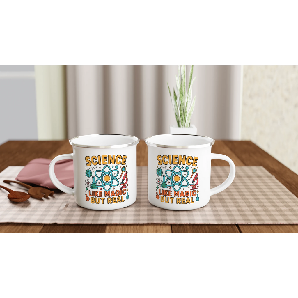 Personalised Science, Like Magic But Real White 12oz Enamel Mug Personalised Enamel Mug Globally Fulfilled Science