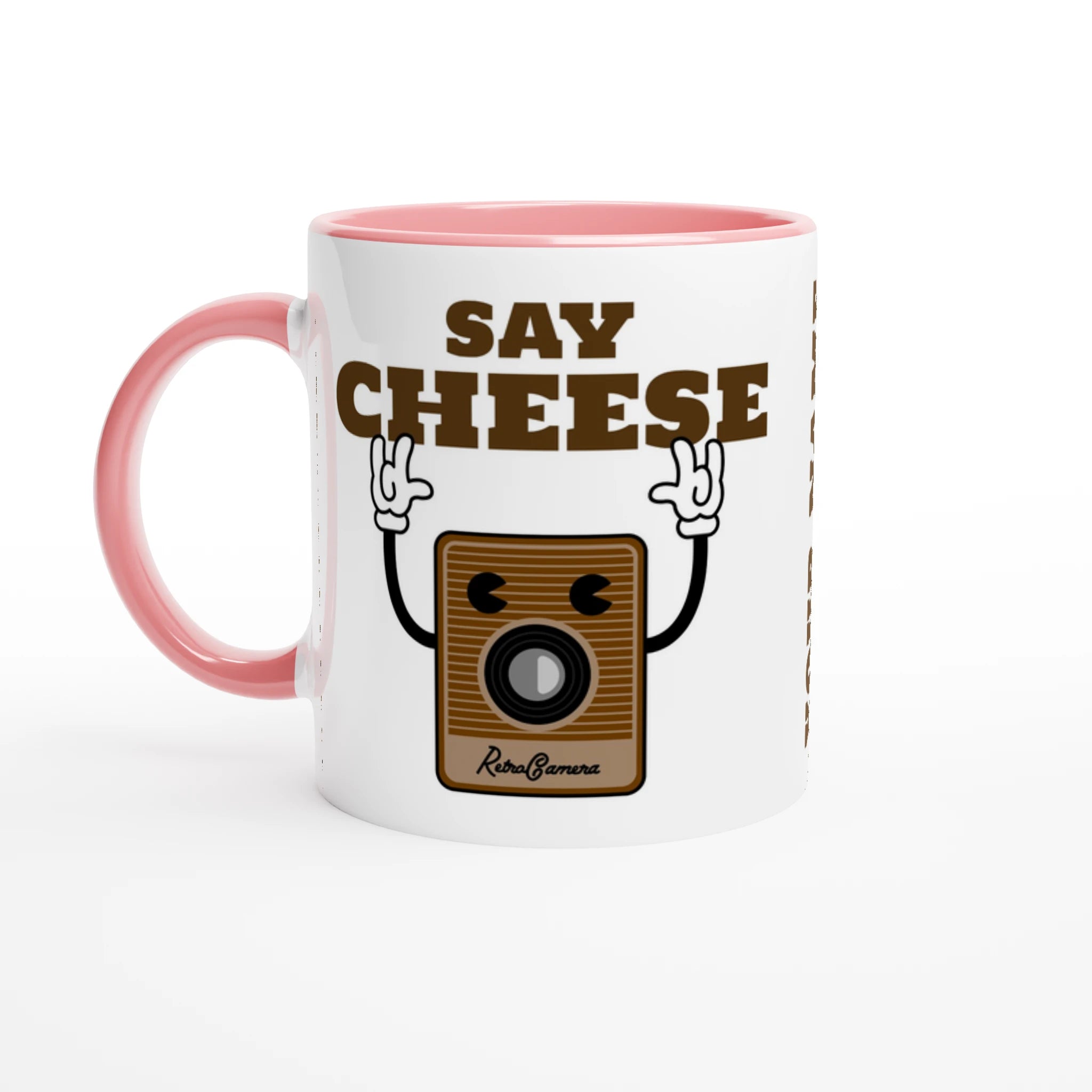 Personalised - Say Cheese, Retro Camera - White 11oz Ceramic Mug with Colour Inside Ceramic Pink Personalised 11oz Mug customise Globally Fulfilled personalise Retro Tech
