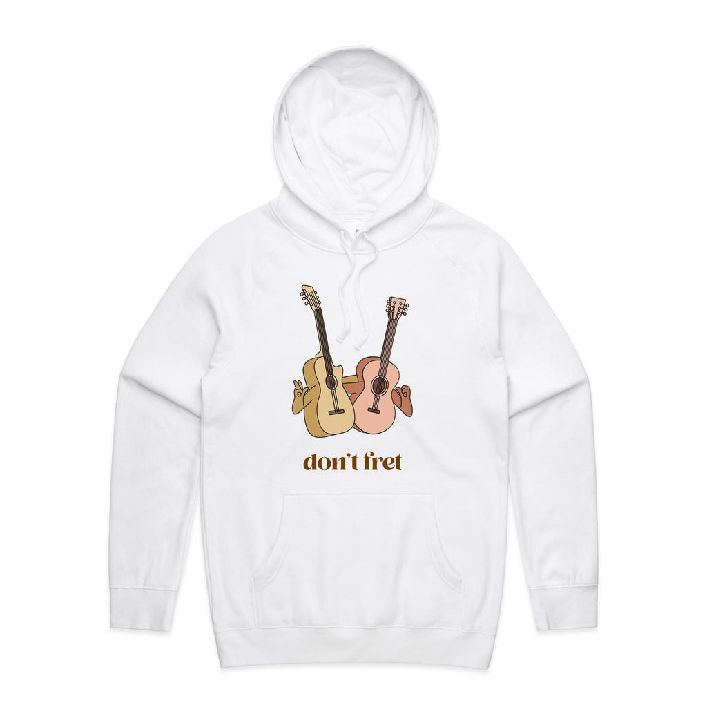Guitars, Don't Fret - Mens Hoodie White Mens Hoodie Music Printed In Australia