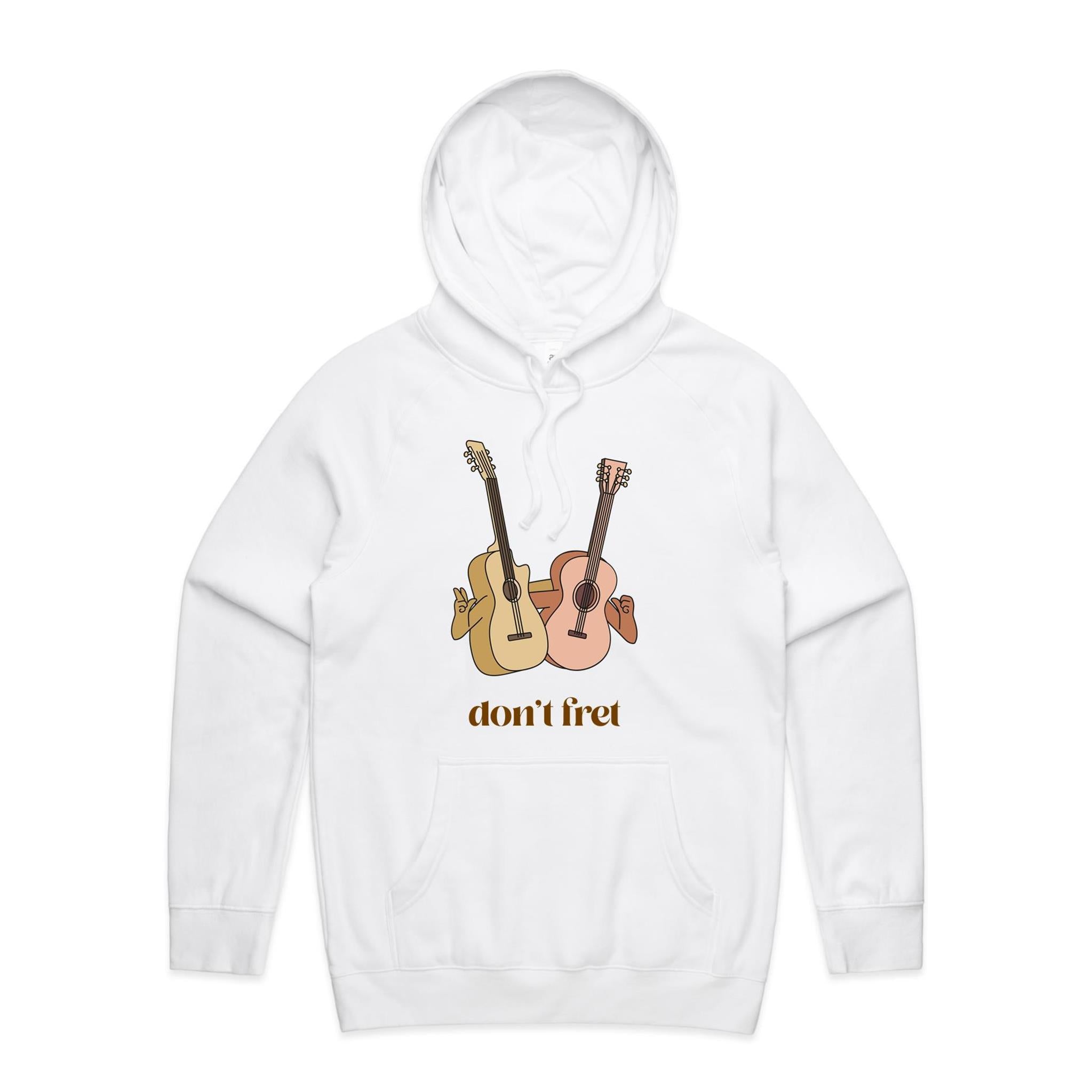 Guitars, Don't Fret - Mens Hoodie White Mens Hoodie Music Printed In Australia