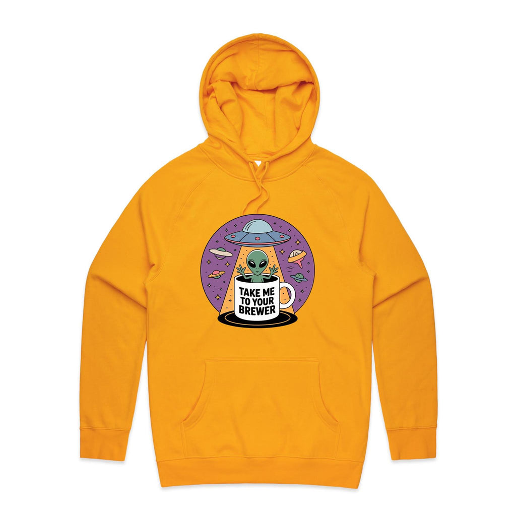 Coffee, Alien, UFO, Take Me To Your Brewer Men's AS Colour Hoodie Gold Mens Hoodie Coffee Printed In Australia Sci Fi