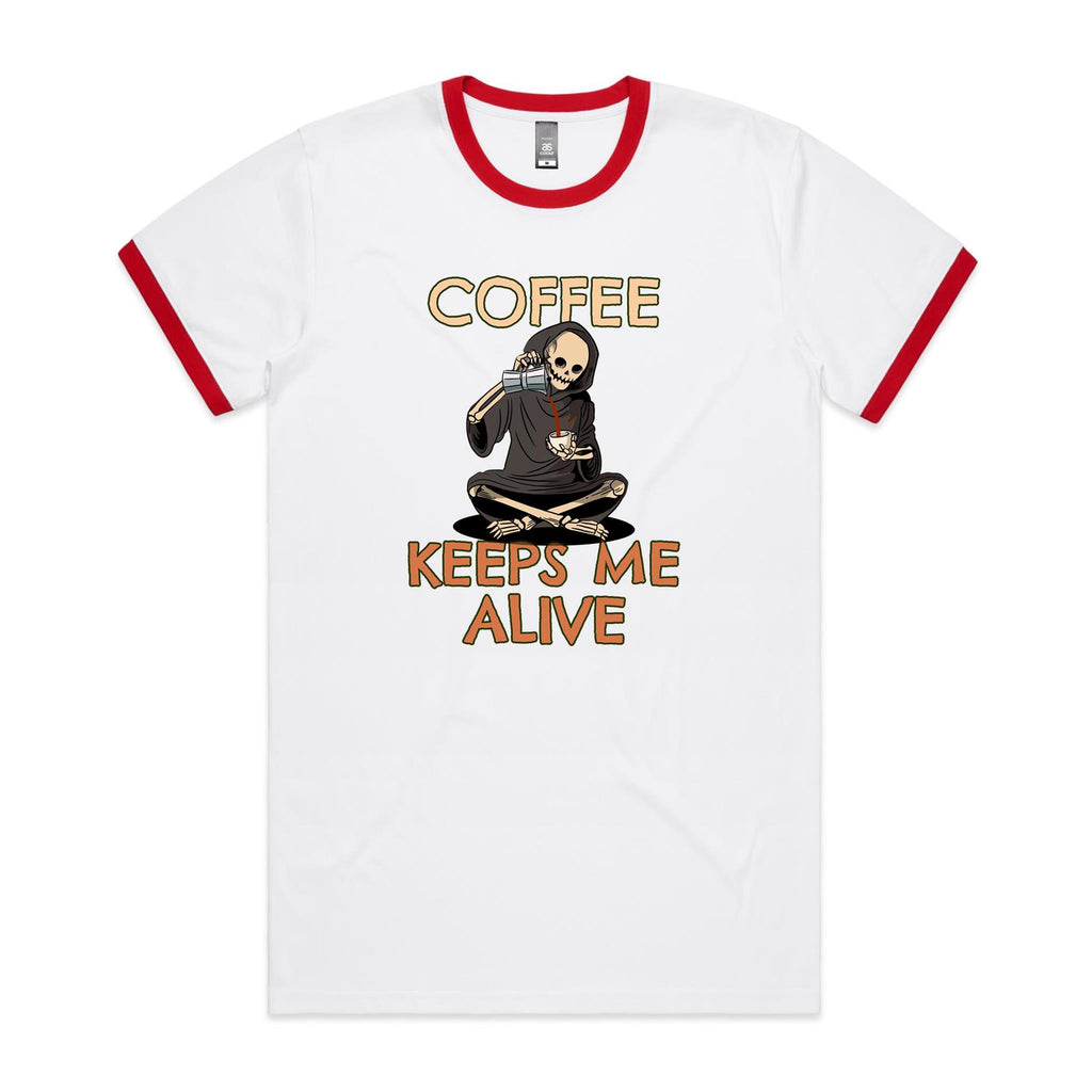 Coffee Keeps Me Alive, Skeleton - Staple Ringer Tee White Red Ringer T-Shirt Coffee Printed In Australia