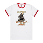 Coffee Keeps Me Alive, Skeleton - Staple Ringer Tee White Red Ringer T-Shirt Coffee Printed In Australia
