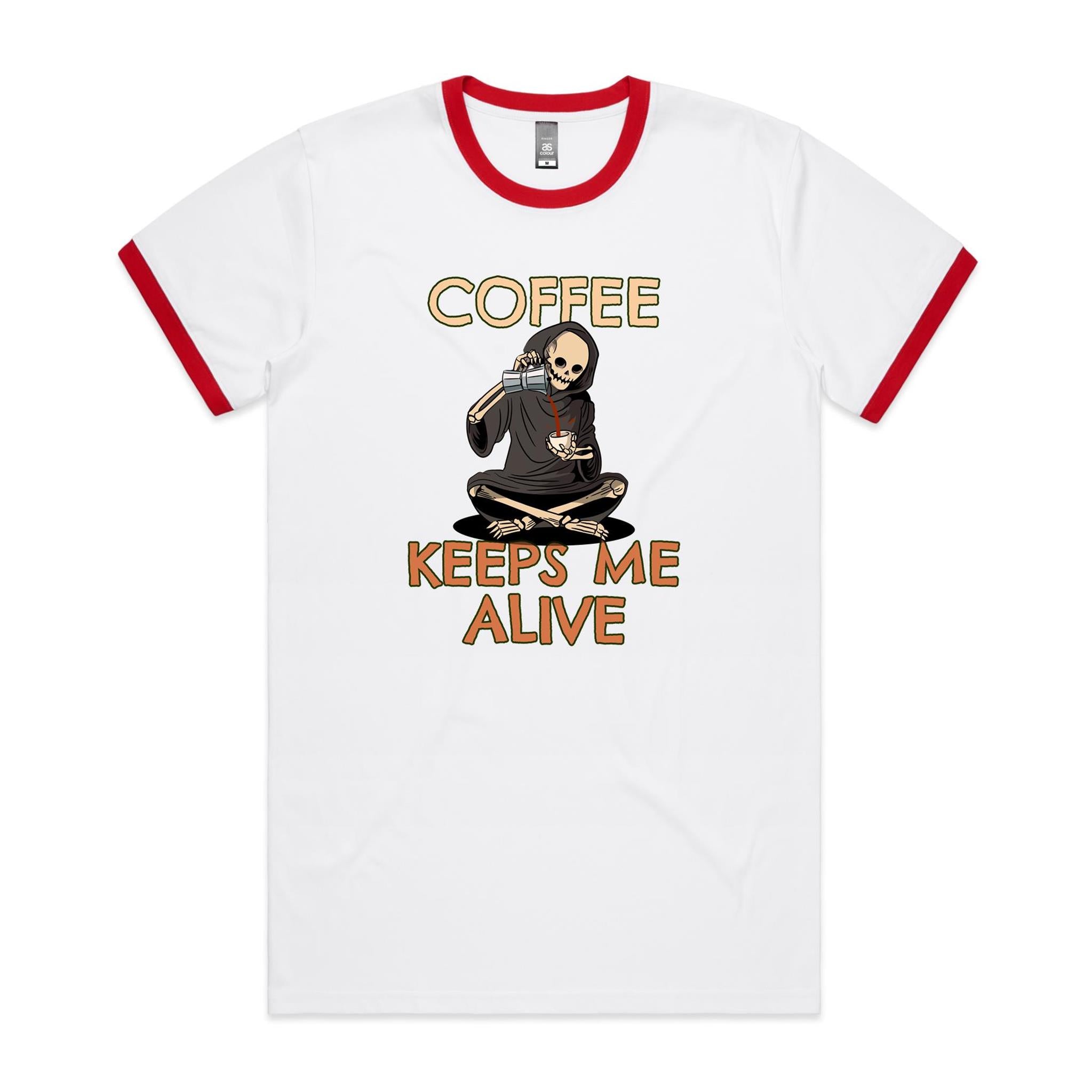 Coffee Keeps Me Alive, Skeleton - Staple Ringer Tee White Red Ringer T-Shirt Coffee Printed In Australia