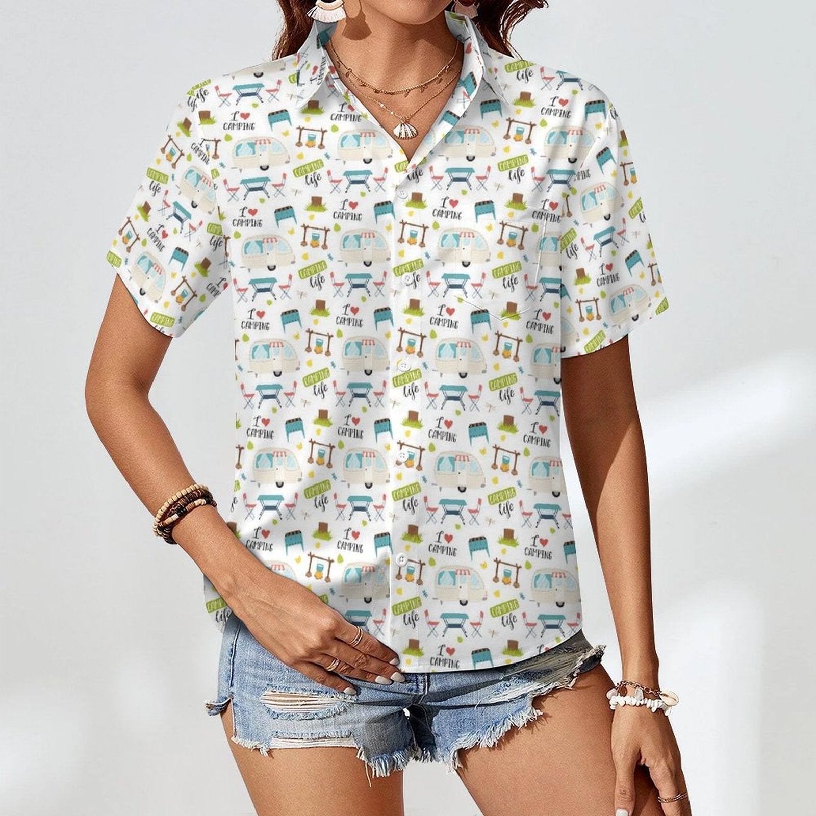 Camping Life, Retro Caravan - Women's Short-Sleeve Button Up Shirt