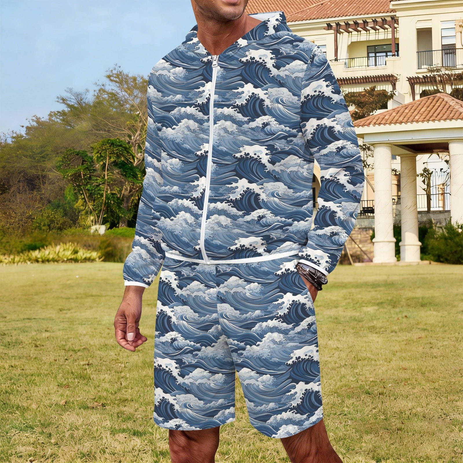 Japanese Waves Men's Lightweight Sun Hoodie & Shorts Set Men's Lightweight Sun Hoodie & Shorts Ocean Printed Offshore