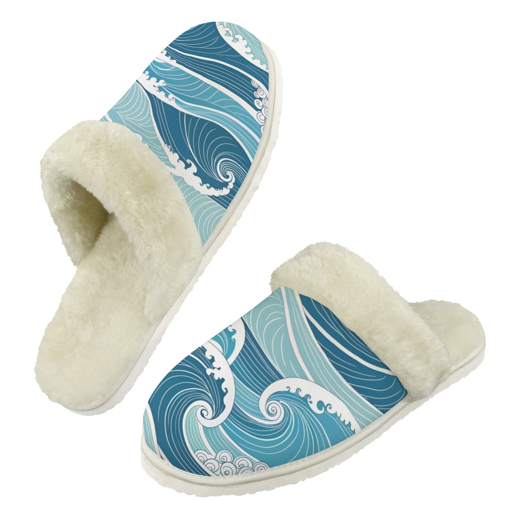 Ocean Waves Men's Fur Trim Thick-Sole Indoor Slippers 2XL Men's Fur Trimmed Slippers Ocean Printed Offshore Surf