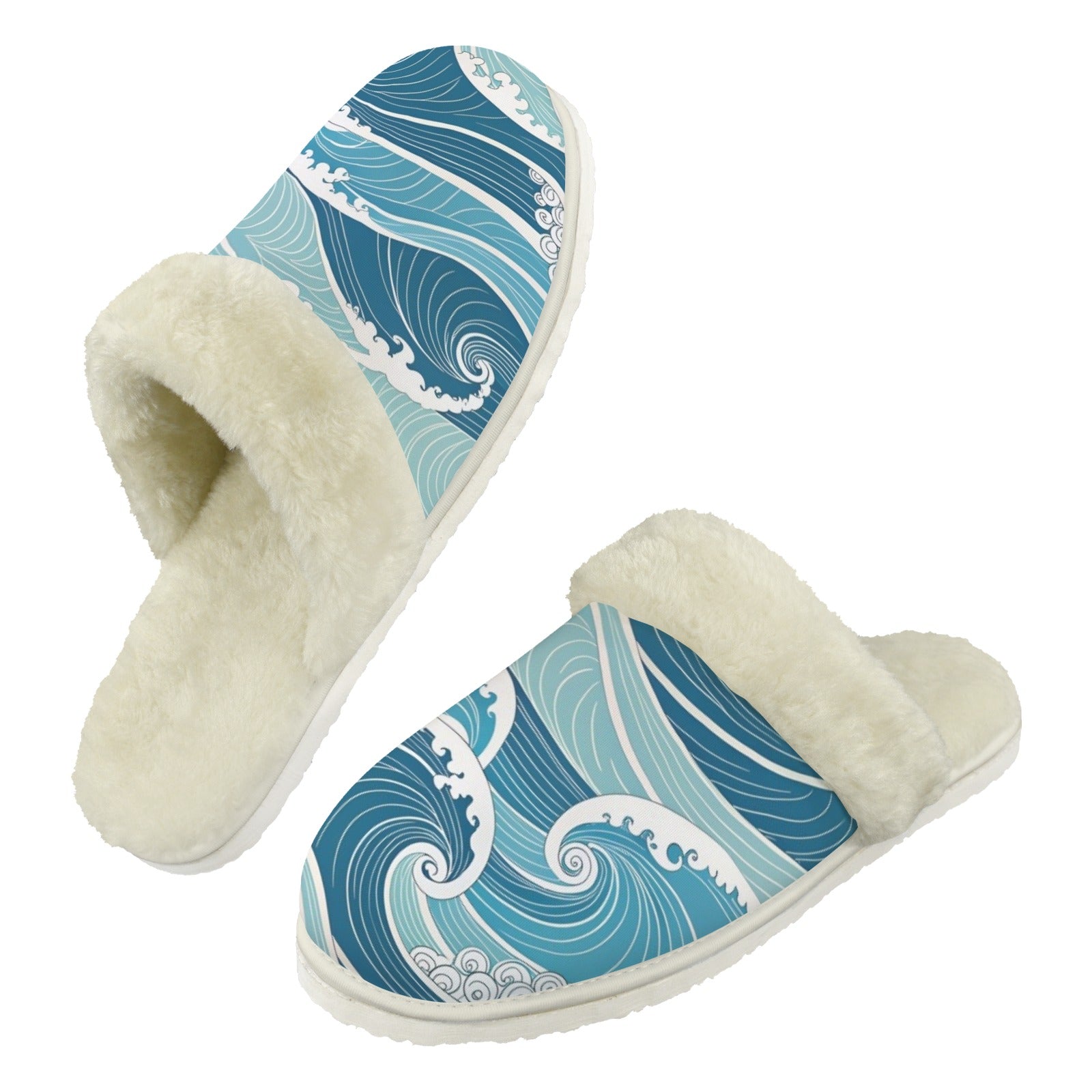 Ocean Waves - Men's Fur Trim Thick-Sole Indoor Slippers 2XL Men's Fur Trimmed Slippers Ocean Printed Offshore Surf