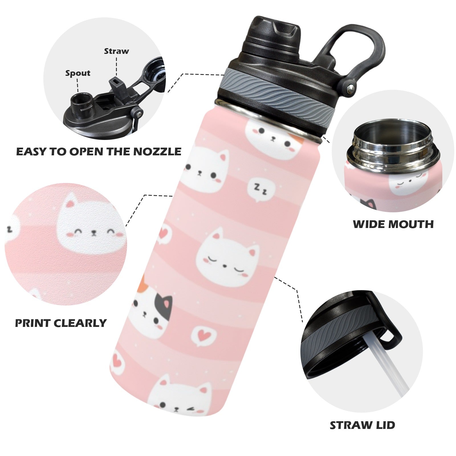 Pink Cats - Insulated Water Bottle with Dual-Use Lid (18oz) Insulated Water Bottle with Dual-Use Lid (18oz) animal Printed Offshore