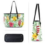 Tropical Flowers On White PU Leather Tote Bag Large Leather Tote Bag-Large Plants Printed Offshore