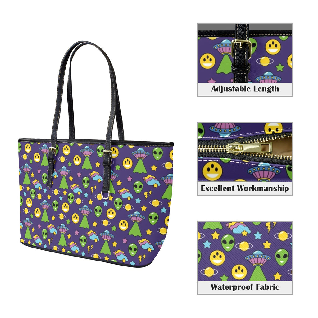 Groovy Alien And UFO PU Leather Tote Bag Large