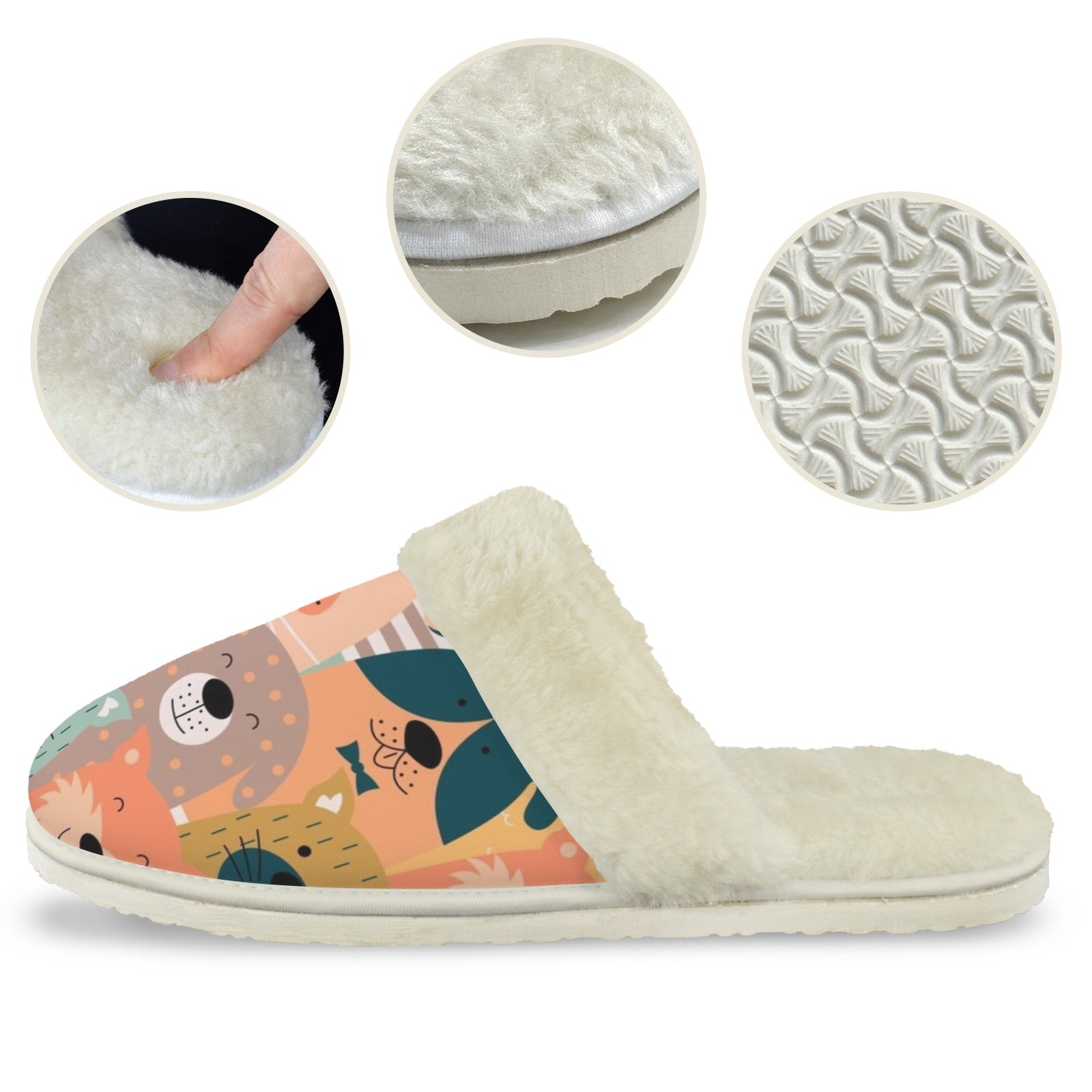 Lots Of Dogs Men's Fur Trim Thick-Sole Indoor Slippers Men's Fur Trimmed Slippers animal Printed Offshore