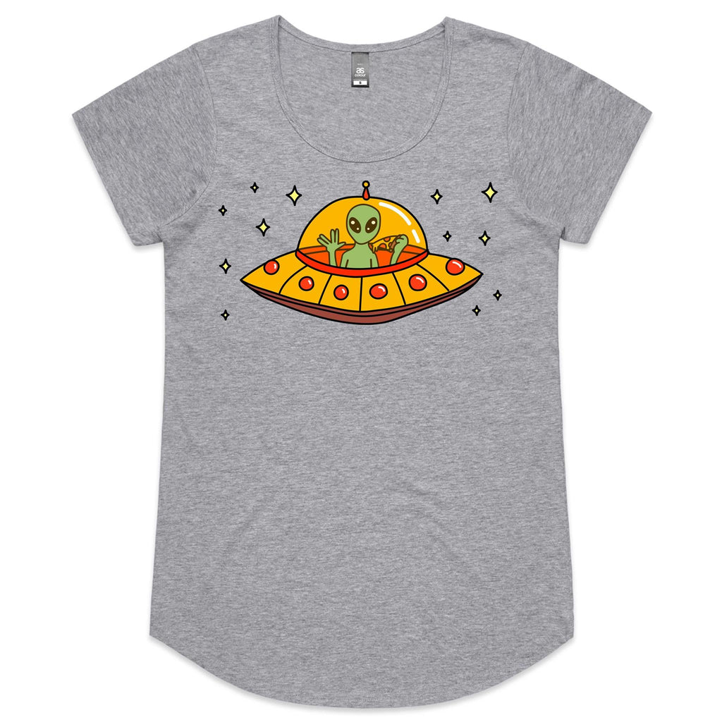 Alien Pizza, UFO - Womens Scoop Neck T-Shirt Grey Marle Womens Scoop Neck T-shirt Food Printed In Australia Sci Fi