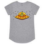 Alien Pizza, UFO - Womens Scoop Neck T-Shirt Grey Marle Womens Scoop Neck T-shirt Food Printed In Australia Sci Fi