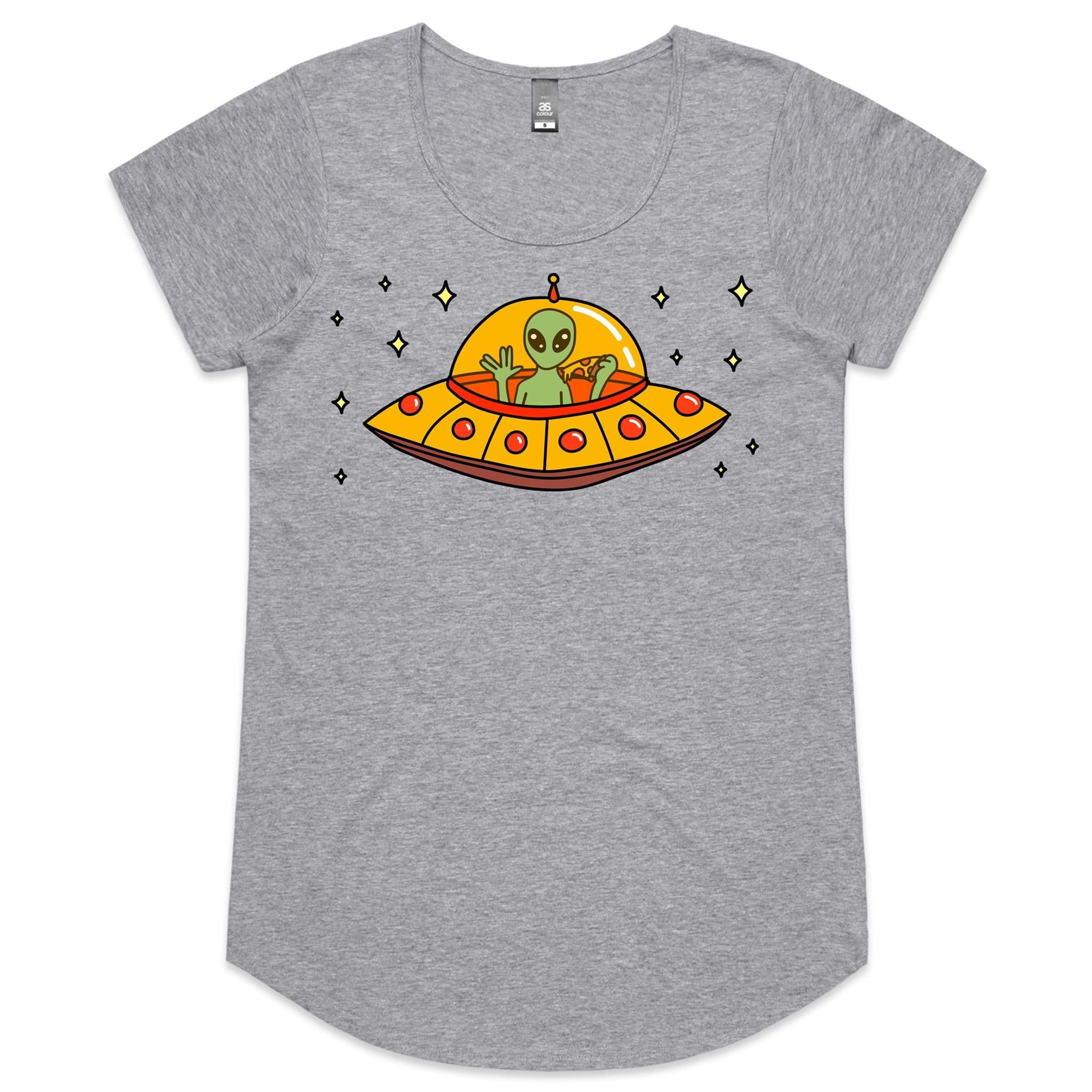 Alien Pizza, UFO - Womens Scoop Neck T-Shirt Grey Marle Womens Scoop Neck T-shirt Food Printed In Australia Sci Fi