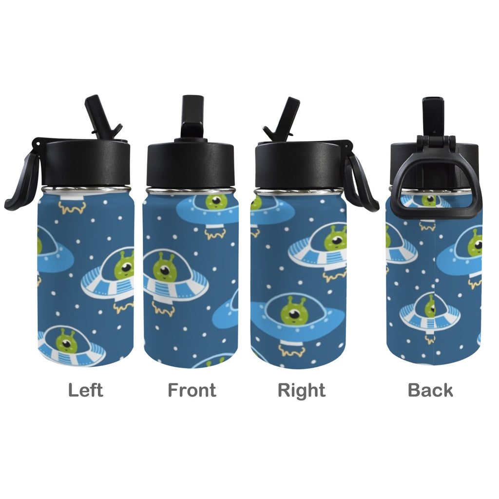 Cute Aliens in UFOs 12oz Kids Water Bottle with Straw Lid