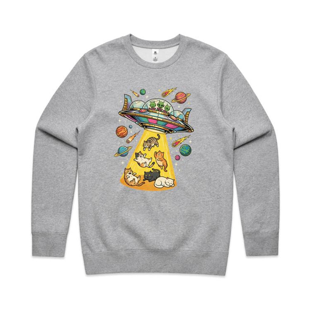 UFO Cat Abduction AS Colour Stencil Crew Sweatshirt Unisex Grey Marle Sweatshirt animal Printed In Australia Sci Fi