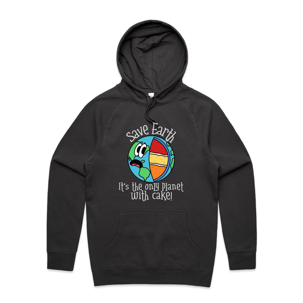 Save Earth, Its The Only Planet With Cake - Mens Hoodie Coal Mens Hoodie Environment Food Printed In Australia
