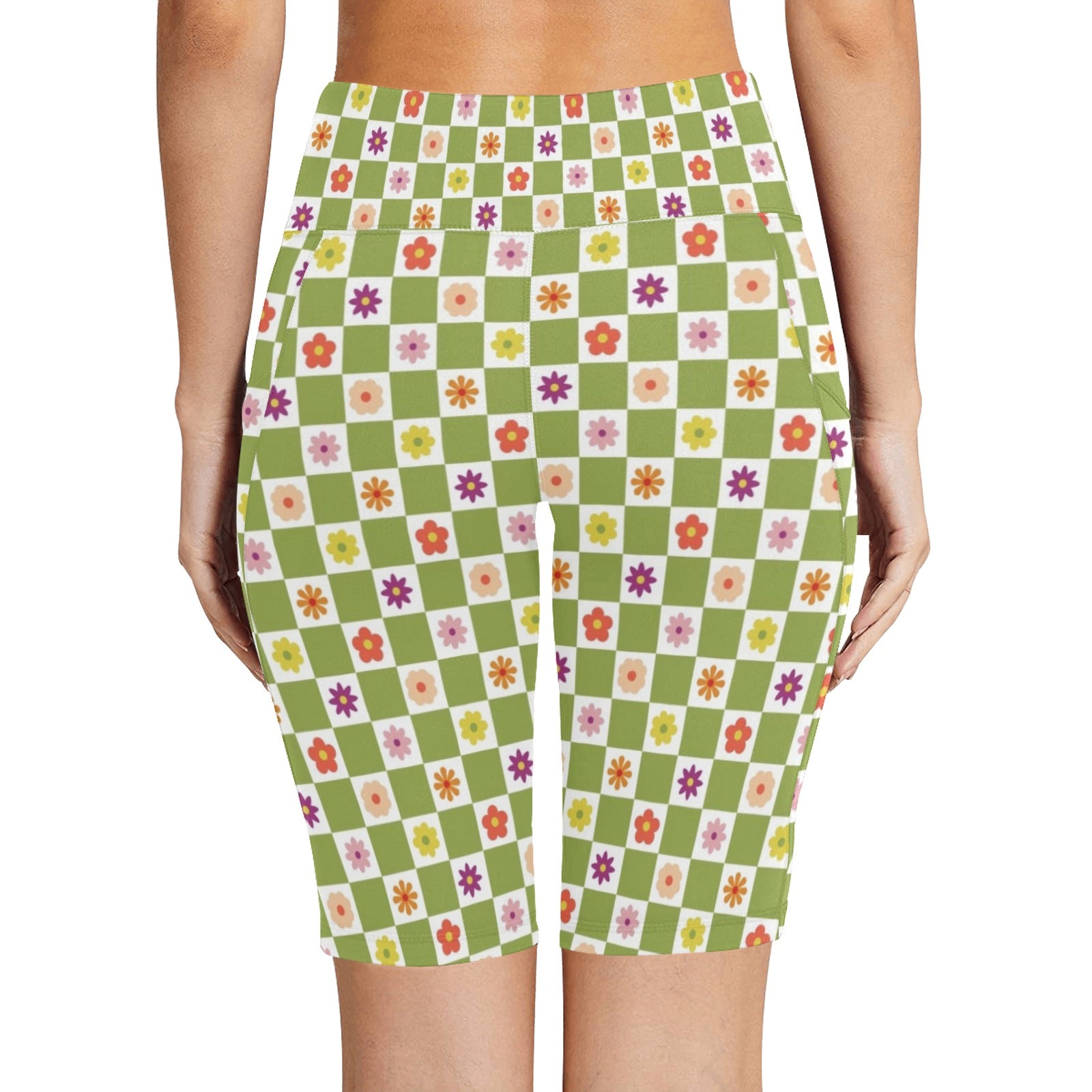 Flower Check Women's Bike Shorts With Side Pockets