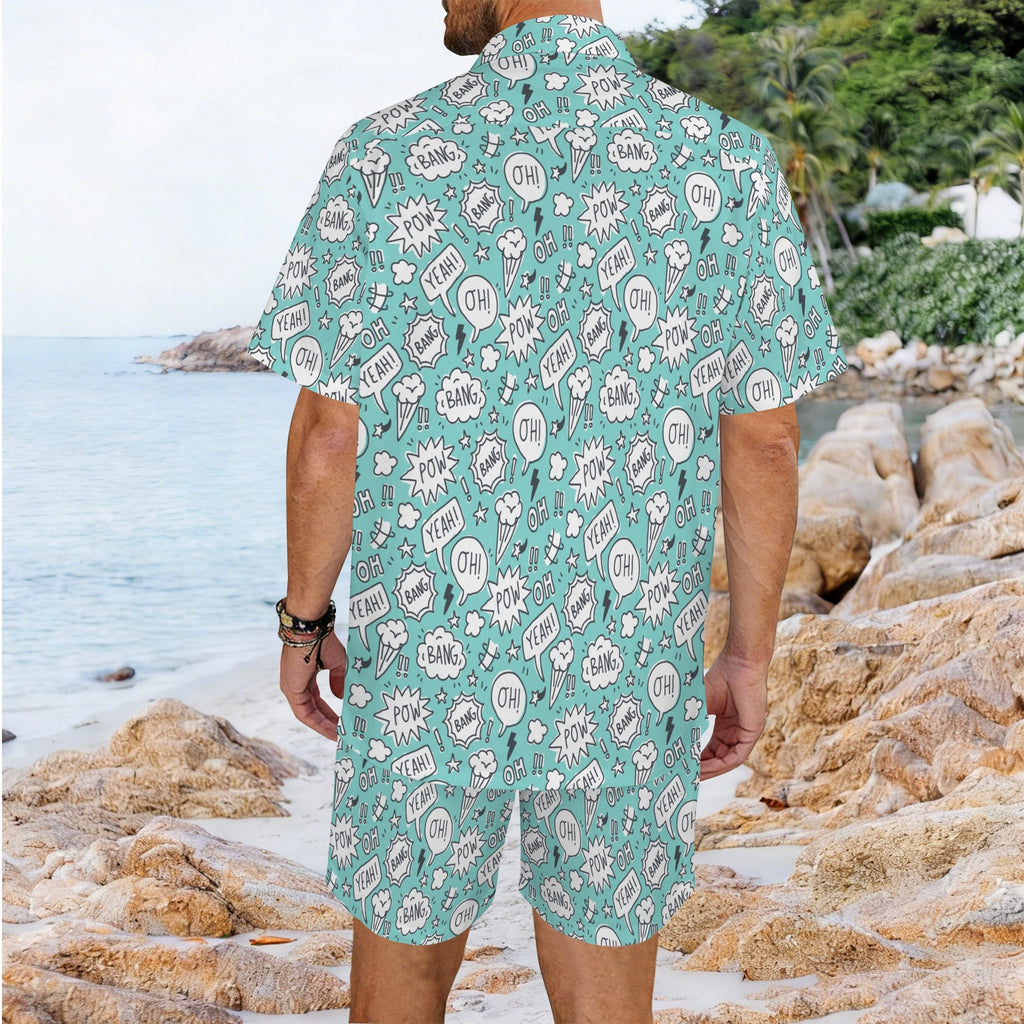 Comic Book Speech Bubbles Men's Hawaiian Shirt & Shorts Set Men's Hawaiian Shirt & Shorts Set comic Printed Offshore