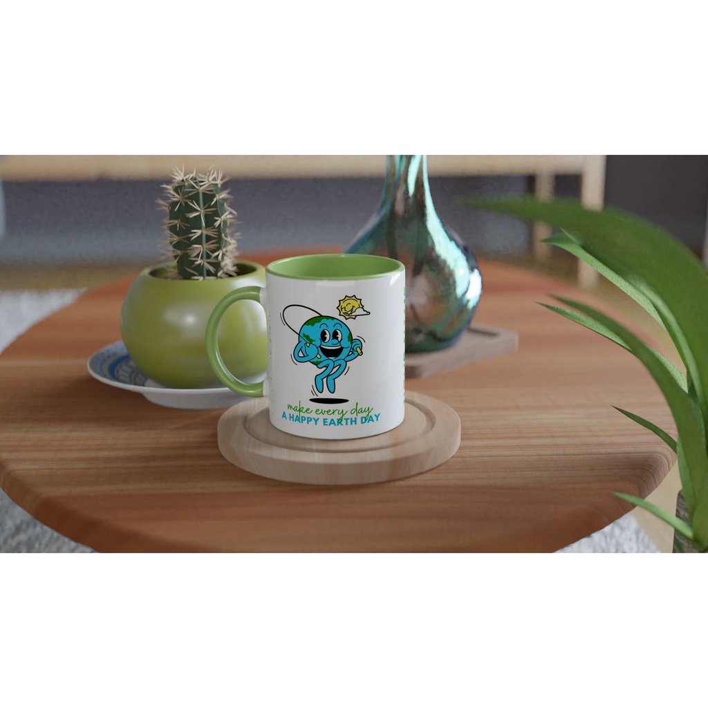 Personalised - Make Every Day A Happy Earth Day - White 11oz Ceramic Mug with Colour Inside Personalised 11oz Mug customise Environment Globally Fulfilled personalise