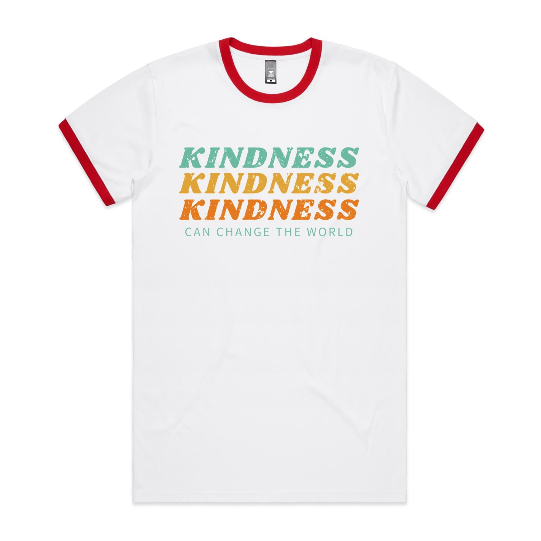 Kindness Can Change The World - Staple Ringer Tee White Red Ringer T-Shirt Kindness Printed In Australia