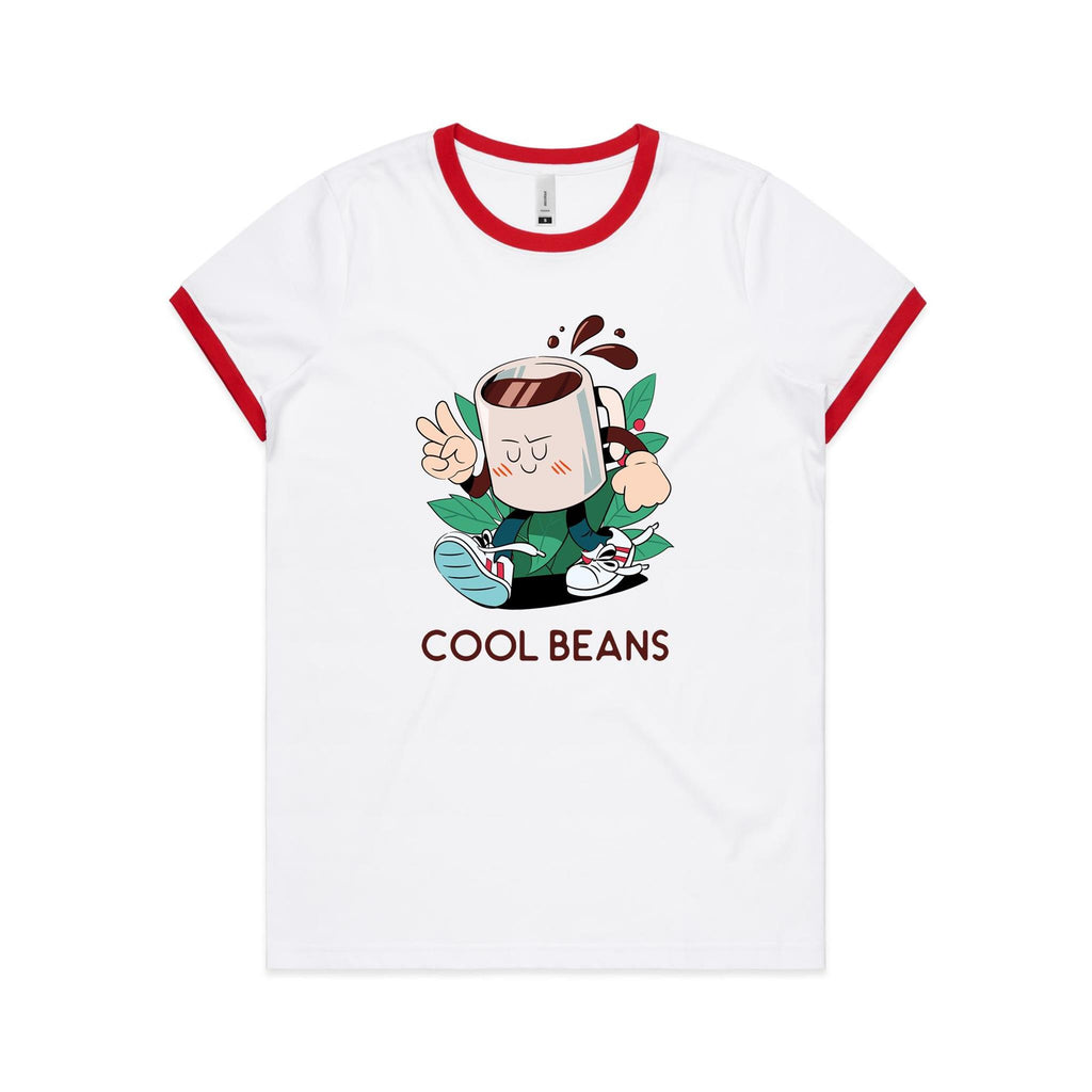 Cool Beans, Coffee - Women's Ringer Tee White Red Womens Ringer T-shirt Coffee Printed In Australia
