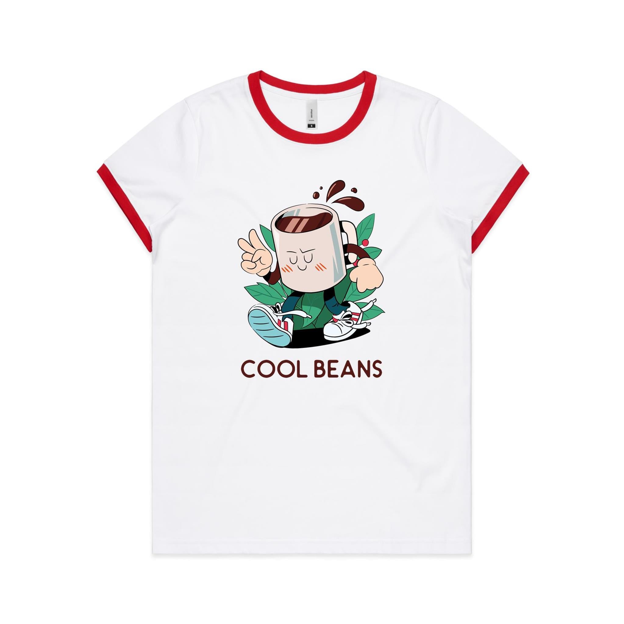 Cool Beans, Coffee - Women's Ringer Tee White Red Womens Ringer T-shirt Coffee Printed In Australia
